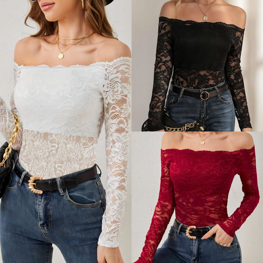 Elegant Fan-Edge Off-Shoulder Lace Fitted Slimming Long Sleeve Top