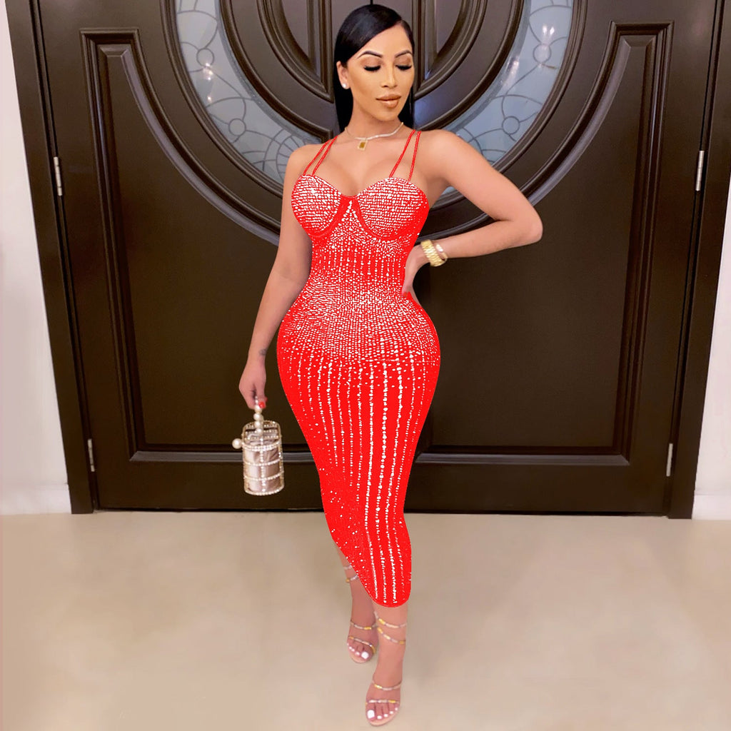 Women Wear Nightclub Sexy Mesh See through Rhinestone Strap Dress
