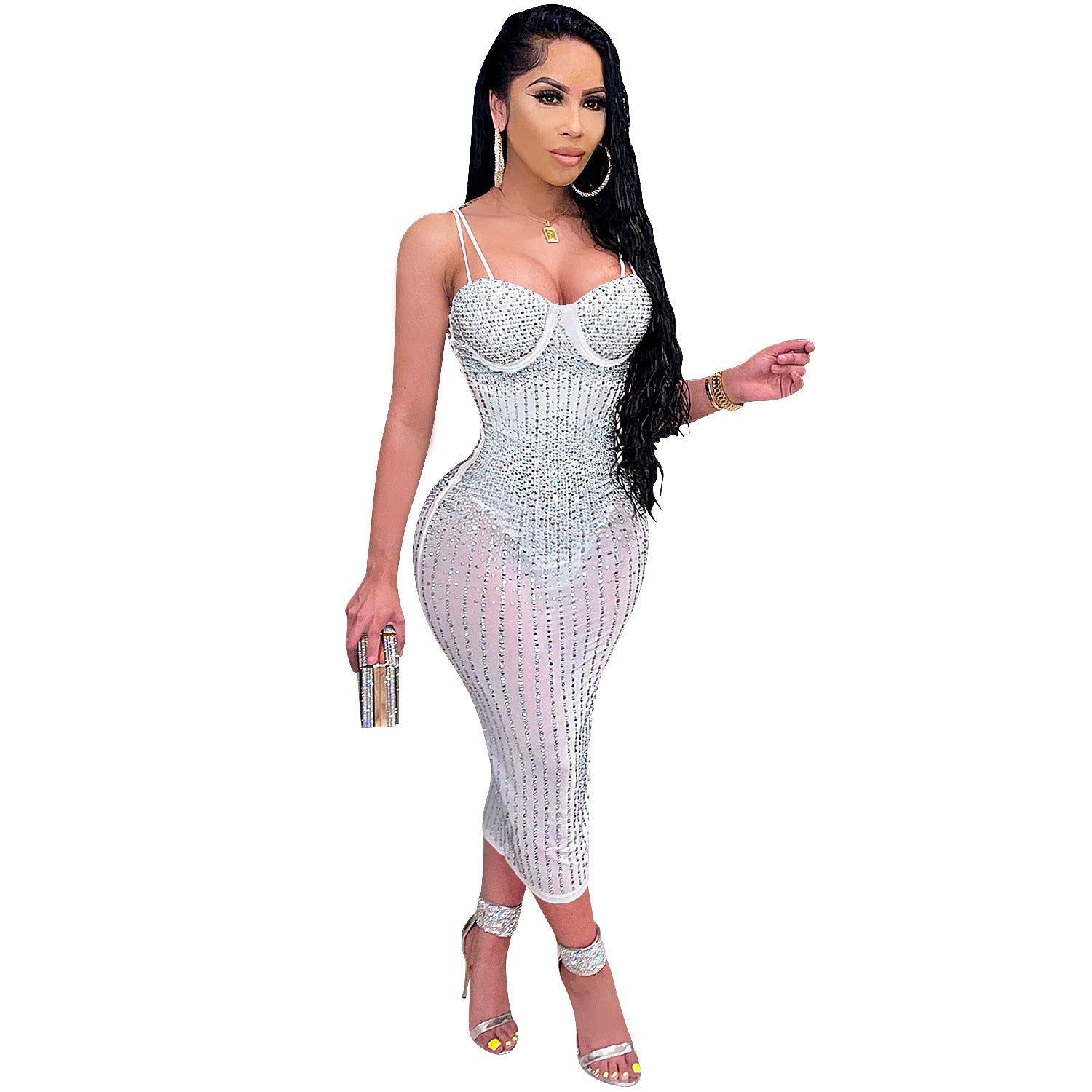 Women Wear Nightclub Sexy Mesh See through Rhinestone Strap Dress