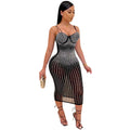Women Wear Nightclub Sexy Mesh See through Rhinestone Strap Dress