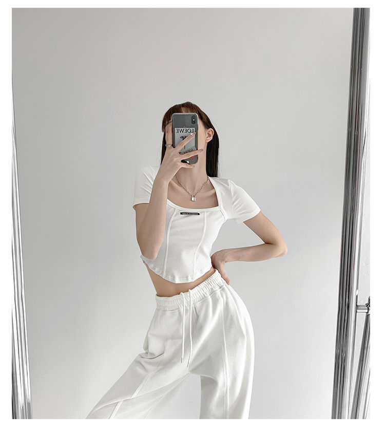 Curved Crop Tops Women Summer Square Collar Short Sleeve T-Shirt Fashion Slim Woman