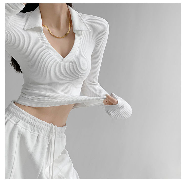 Sexy V-Neck Slim Fitness Women's T-Shirt Long Sleeve Polo Shirt Woman High Waist Cropped Tops